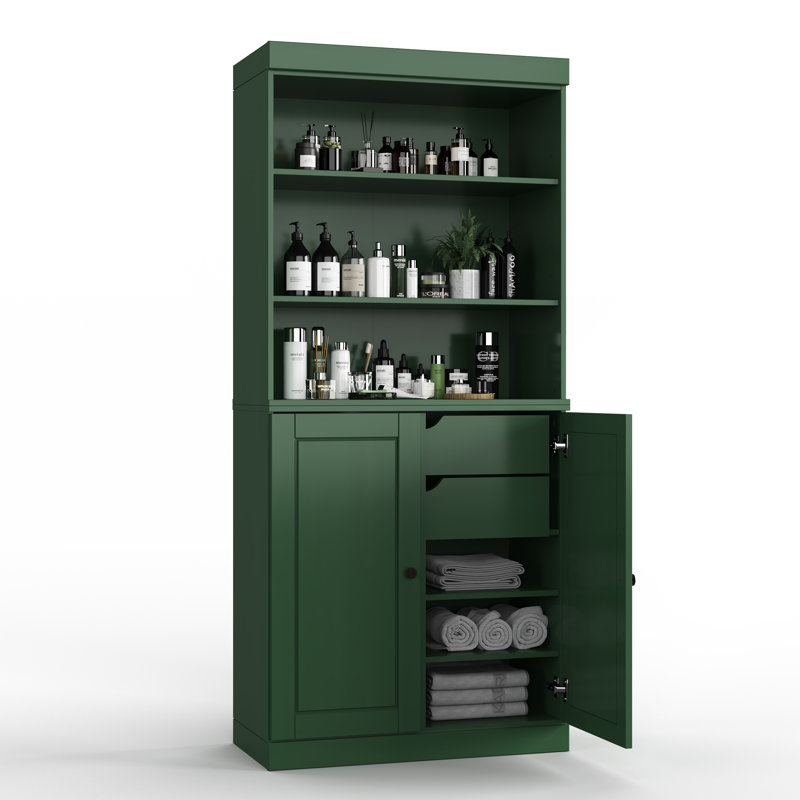 Armoire de salle de bain autoportante 100% bois massif 32 po avec portes solides, 2 tiroirs et tablettes réglables - Rangement de salle de bain moderne