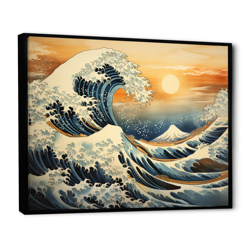 Chef-d'œuvre, la grande vague dorée - art mural au Japon, H 30 po x l 40 po x P 1,5 po, Cadre flottant noir