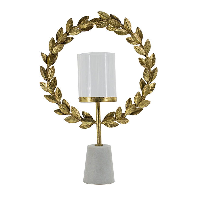 Gigi Candle Holder, Marble Base, Gold Leaf Wreath Ring, White Glass 20 Inch