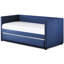 Lit de jour bleu en tissu avec structure en bois et lit gigogne escamotable pour le soutien de la maison