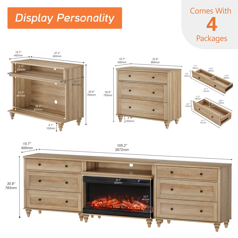 Sideboard Cabinet With 6 Drawers And 2 Open Shelves, Vintage Wood Grain Design, Buffet Cabinet With 36" Electric Fireplace, Coffee Bar For Dinning Room, Kitchen, And Living Room, Oak, 105 Inch