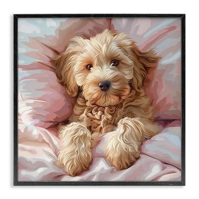  «Cuddling Labradoodle Bed», art de la giclée encadrée par Jim Baldwin