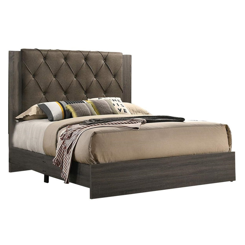Modern Tufted Queen Bed Frame with Rubberwood Headboard in Gray