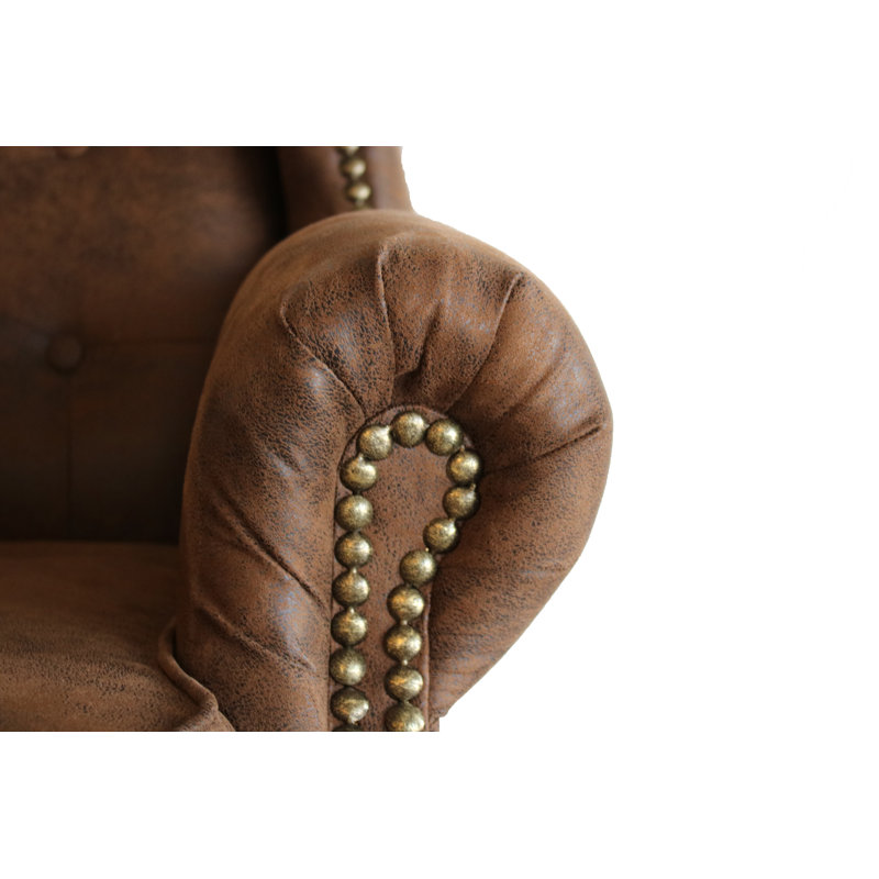 Chesterfield Wingback Armchair  with Quilting And Wooden Legs Made of Luxury Microfibre Vintage Look, Brown