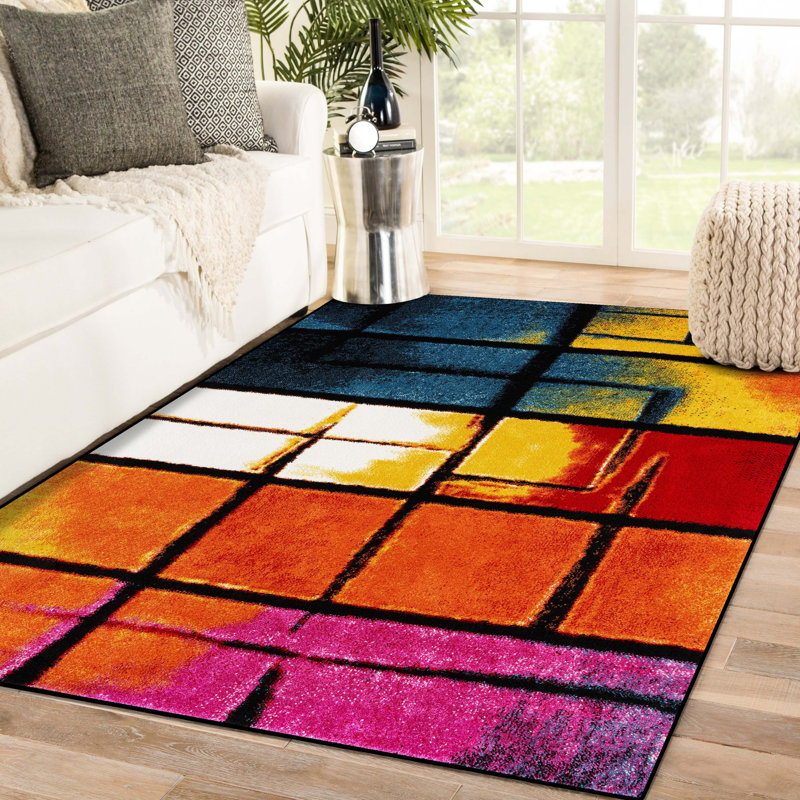 Tapis géométrique bleu / jaune / orange Alaysa, Rectangle 2 pi x 3 pi