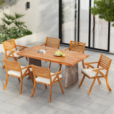 Ensemble repas d'extérieur 7 pièces en bois d'acacia avec pieds en rotin tissé à la main, osier