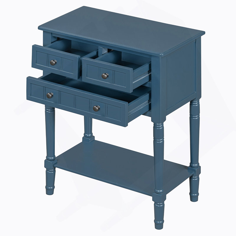 Console mince avec trois tiroirs de rangement et une tablette inférieure, idéale pour organiser et décorer les espaces de vie