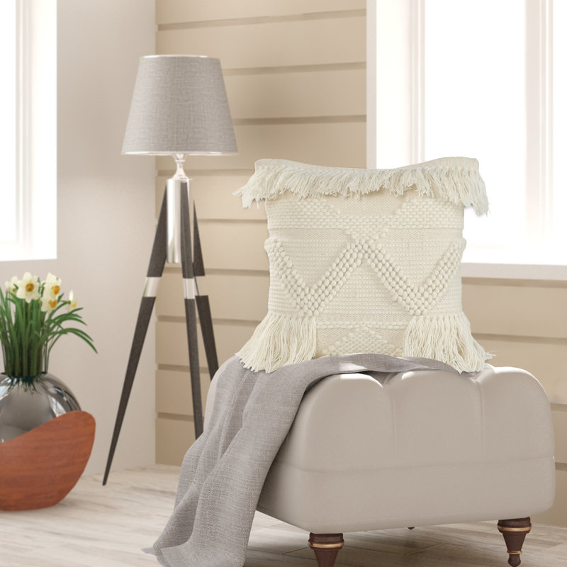 Ivory Coastal Fringed Textured Throw Pillow