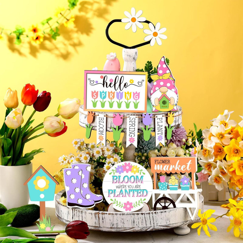 Kalojan 12 Pcs Spring Tiered Tray Decor Wooden Gnomes Flowers Plants Tabletop Trays Signs Spring Summer Fall Tiered Tray Items For Home Farmhouse Rustic Kitchen Decorations (Spring)