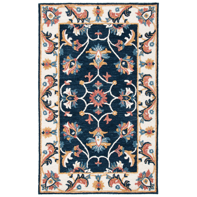 Blossom Hand Tufted Wool/Cotton Oriental Rug in Ivory/Blue, Rectangle 3' x 5'