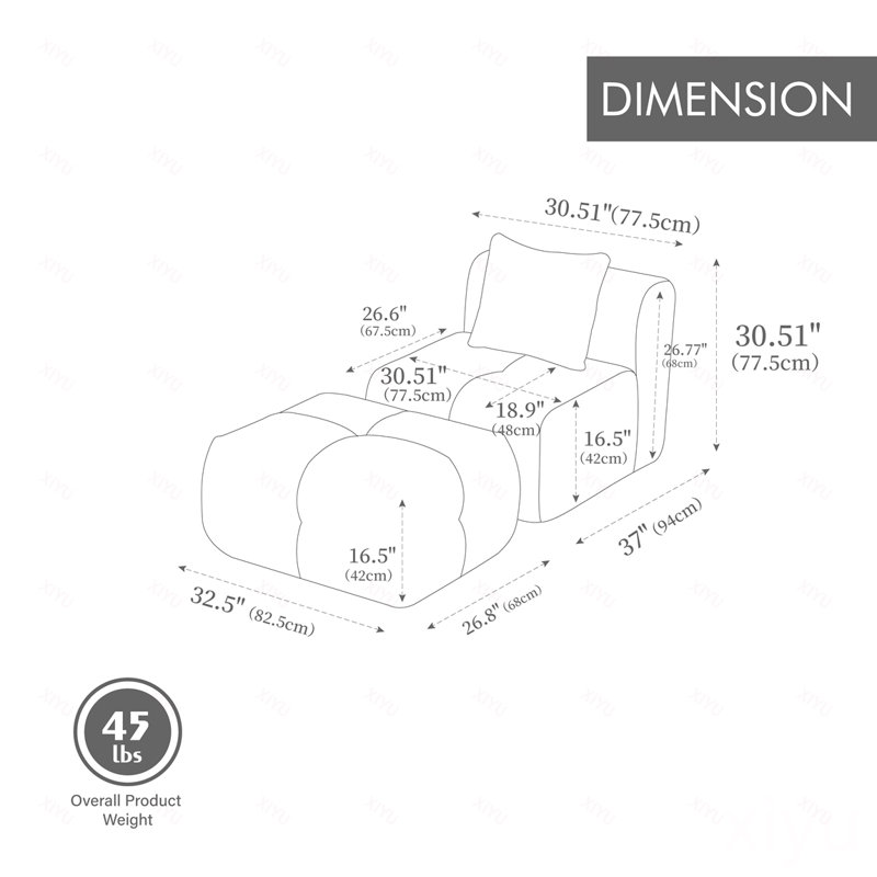 Fauteuil d'appoint modulaire sans accoudoirs avec repose-pieds de 30,5 po avec repose-pieds, siège moderne, désossé, siège simple, avec repose-pieds, salon, chambre à coucher, dortoirs, sans assemblage requis