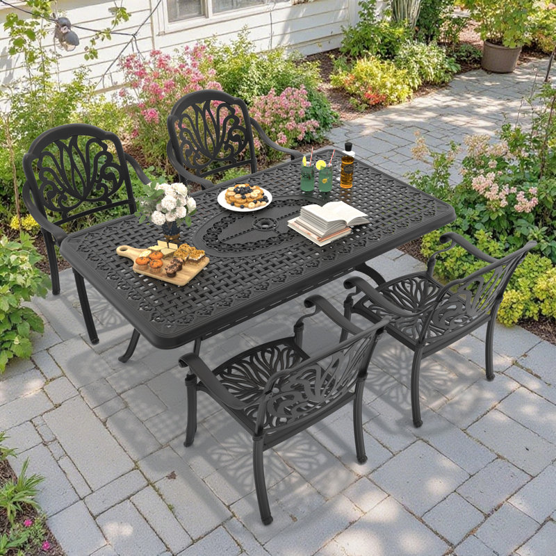 Ensemble de table de salle à manger d'extérieur en aluminium coulé avec trou pour parasol et coussins bruns 68,90 "L 37,40"