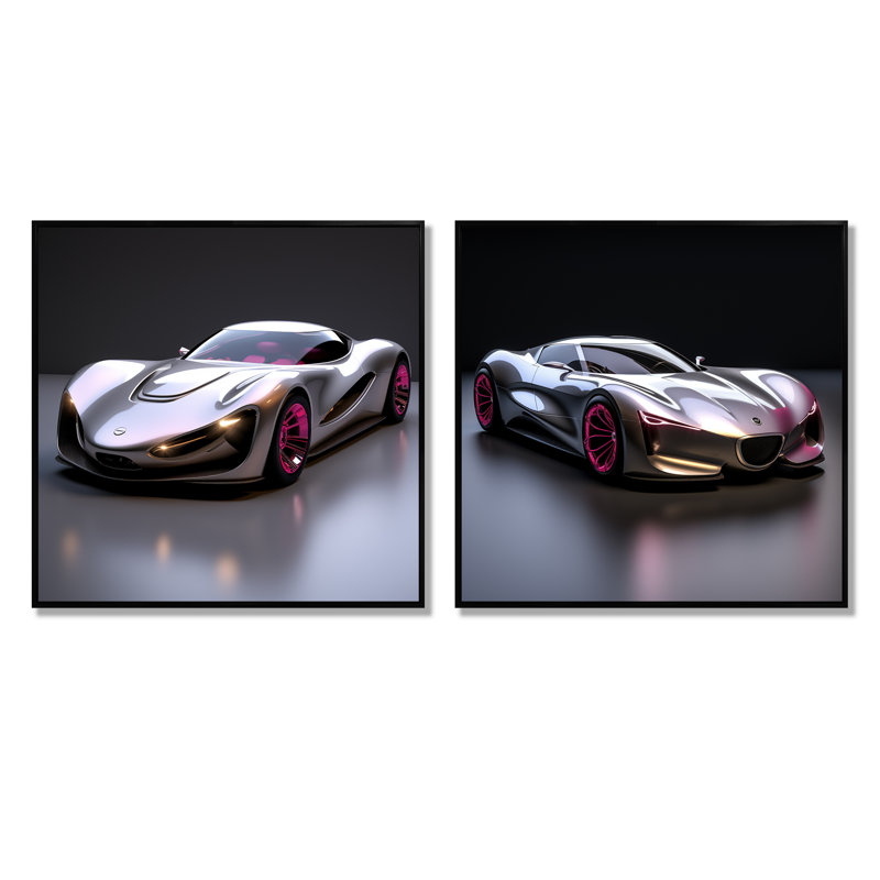 «Pink Car Chrome Italian Car I», ensemble de 2 reproductions d'art sur toile exotiques, H 36 po x l 73 po x P 1,5 po