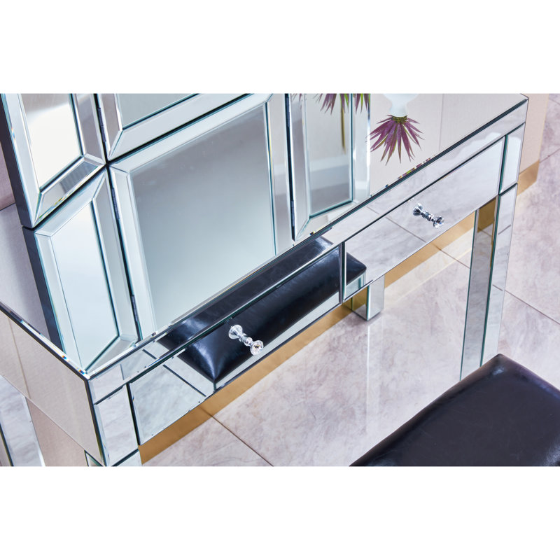 Bureau de chambre à coucher brillant avec 2 tiroirs et miroir - Espace de travail moderne et élégant pour la construction
