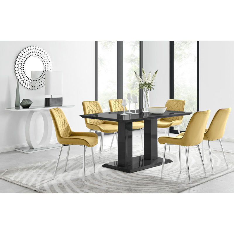 Edzard Double Pedestal High Gloss Dining Table Set with 6 Luxury Velvet Dining Chairs, Black, Cream/Black