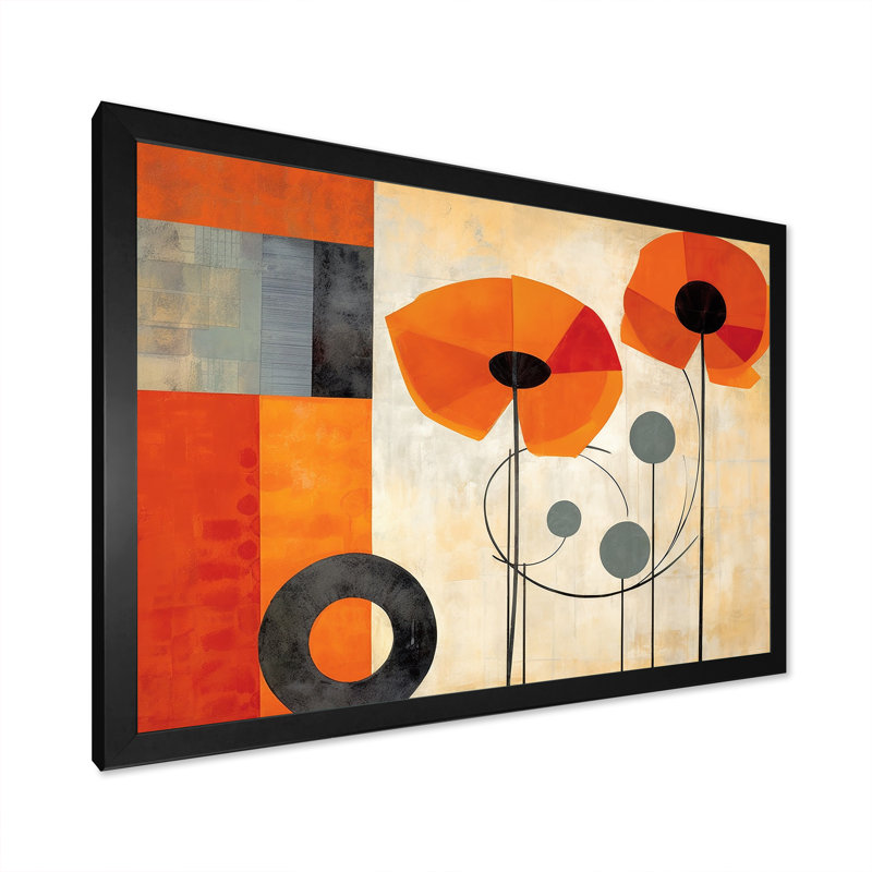 Fleurs cubiques orange vif - art mural abstrait géométrique pour le salon, Cadre simple noir, H 30 po x l 40 po x P 1,5 po