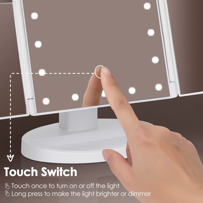 Trifold Vanity Mirror With Lights,Tabletop Mount Makeup Mirror With Lights And 1X/2X/3X Magnification 21LED Mirror,White