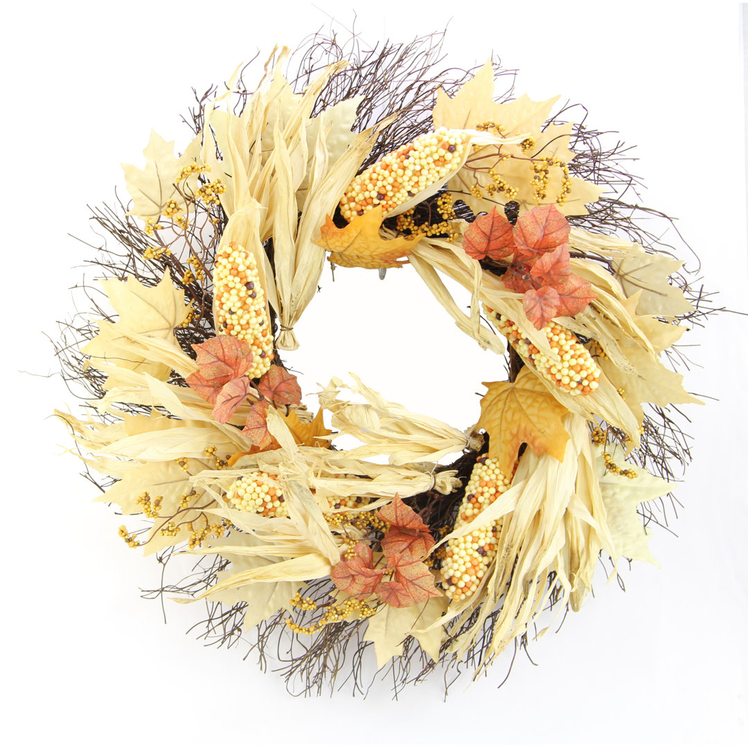 26 Inch Artificial Indian Corn Husk Wreath Fall Autumn Wreath Thanksgiving Harvest August Grove®