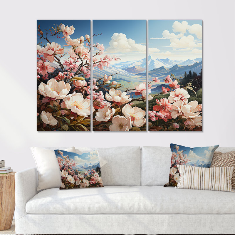 Fleurs de pommier japonais par la montagne II - fleurs, ensemble d'art mural, H 40 po x l 60 po x P 1 po