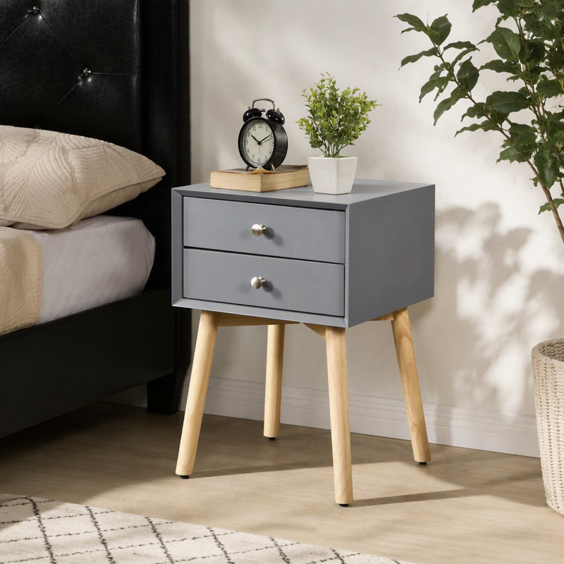 Table d'appoint, table de chevet avec 2 tiroirs et pieds en bois d'hévéa, armoire de rangement moderne Mid-Century pour le salon de la chambre à coucher