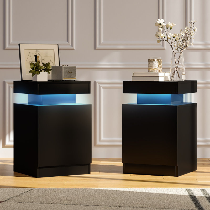 Nightstands with LED Light (Set of 2), Modern Side Table for Bedroom, Living Room, Black