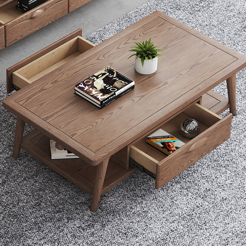 Solid Ash Wood Coffee Table with Drawers
