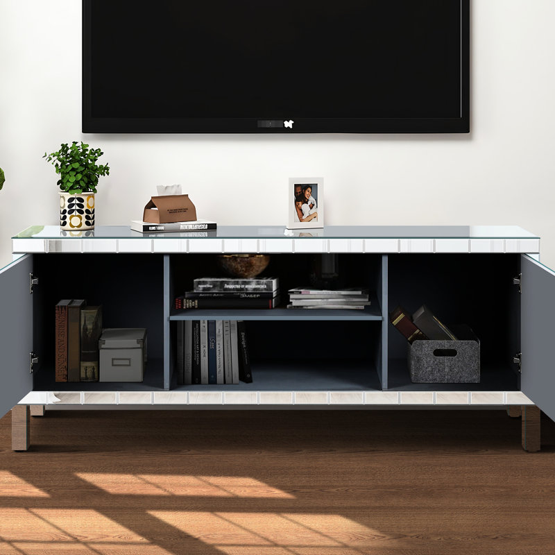 Meuble télé avec miroir intégré pour téléviseur de plus de 65 pouces, console argentée avec rangement ouvert et 2 étagères, meuble télé moderne pour salon, gain de place, indispensable