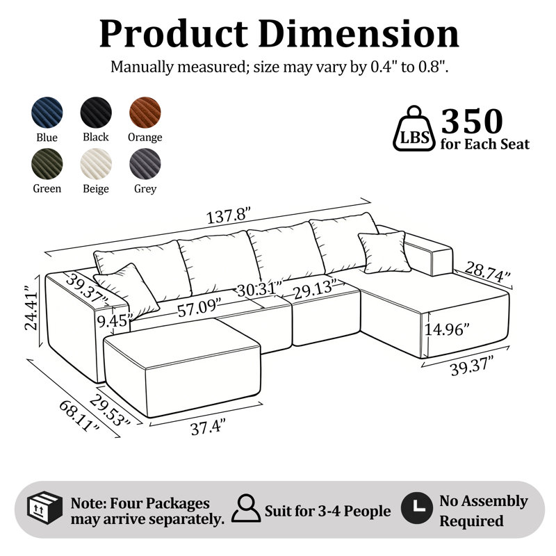 Kapellen 4 - Piece Upholstered Boneless Modular Sectional, Blue, Right Hand Facing