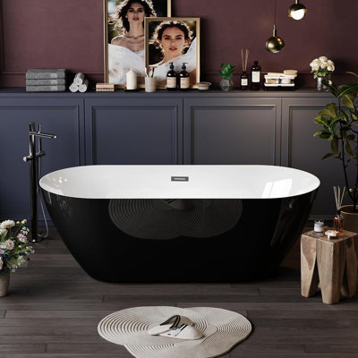 59"/67" Acrylic Freestanding Bathtub, Deep Soaking Tub with Matte Drain & Double-Wall Insulation