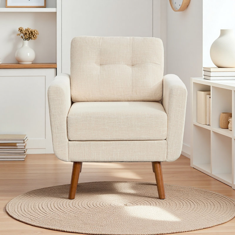 Jadier 28.7" Mid-Century Modern Linen Tufted Wide Accent Chair Armchair, Beige Linen