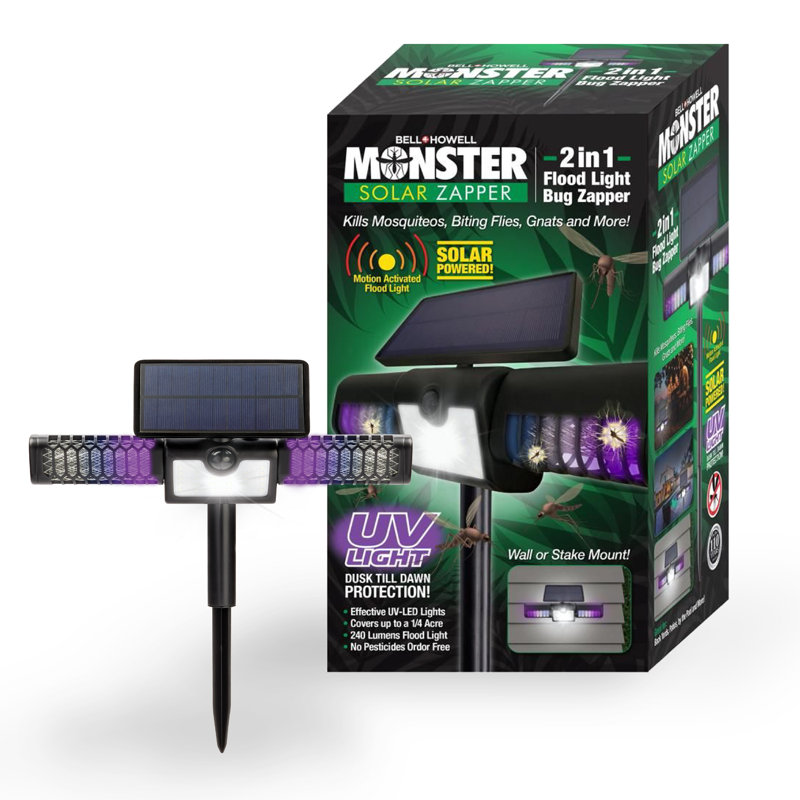 Bell+Howell Monster Solar 2 in 1 Floodlight Bug Zapper, High Powered Pest Control