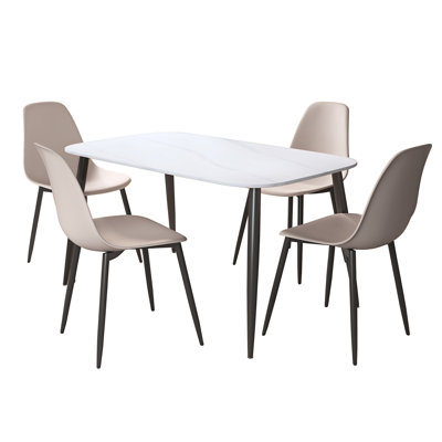 Aspen Gloss White Sintered Stone Rectangular Table and 4 Curve Plastic Chairs - Modern Dining Set