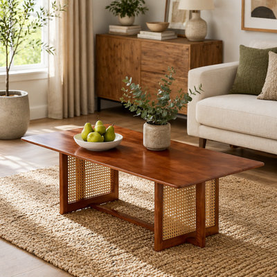 Rectangular Solid Wood Coffee Table, Minimalist Oriental Low Profile Tea Table with Imitation Rattan Texture, Small Space Accent Table for Living Room Home Office