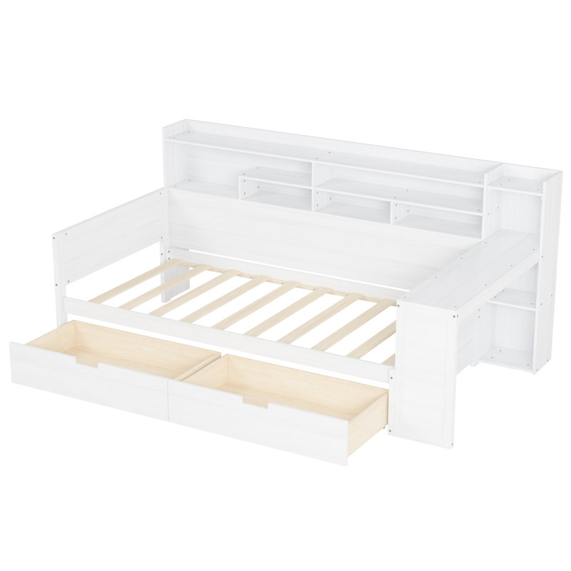 Antique White Wooden Twin Daybed With Multi-Layer Storage Shelves & Desk Multi-Functional Storage, Desk,, Antique White