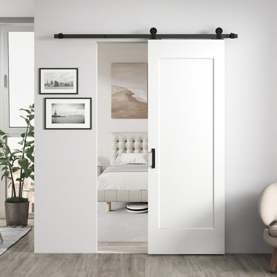 30"X84" 1-Panel White Primed Solid Core Sliding Barn Door With Installation Hardware Kit and One Sided Matte Black Pull(Door Slab Pre-assembled）