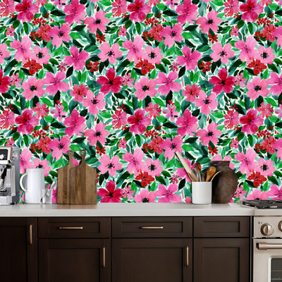 Peel and Stick Wallpaper Colorful Floral Watercolor Style Vibrant Blossoms Contact Paper Removable Self Adhesive Wall Mural Wall Decor for Bedroom Kitchen Cabinets 24in x 118in