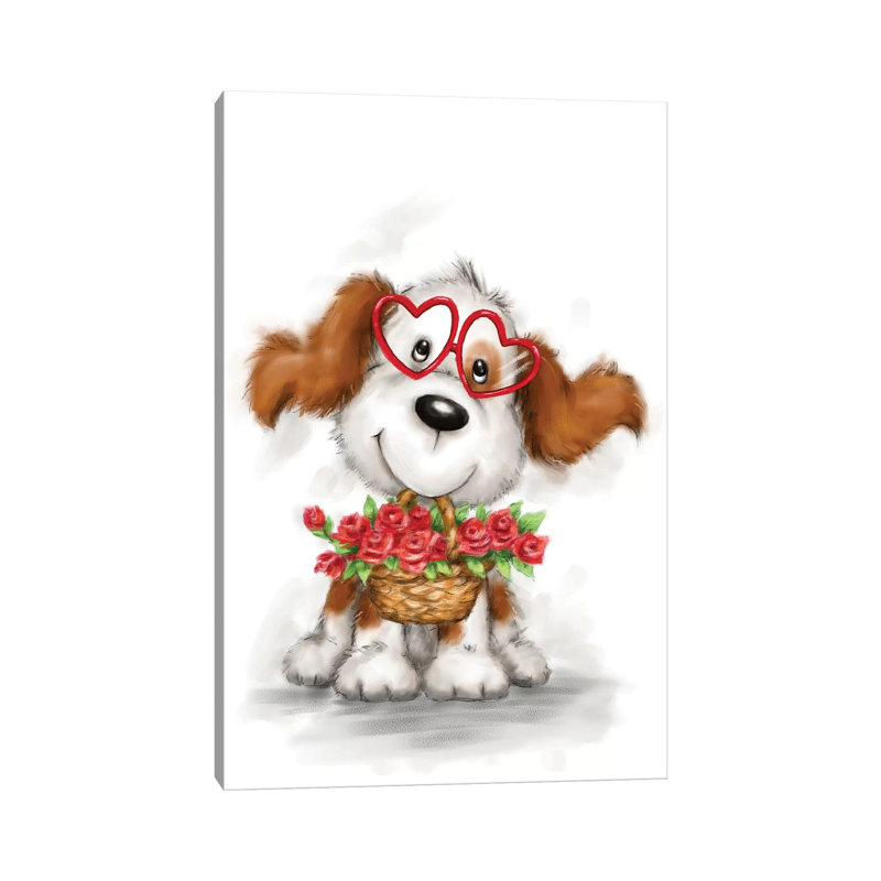 Dog With Glasses And Flowers by MAKIKO - Wrapped Canvas Print, 20.32 cm H x 30.48 cm W