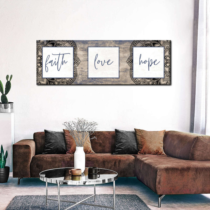Inspiration et typographie, "Faith Love Hope", impression sur toile, H 10 po x l 30 po x P 1,25 po