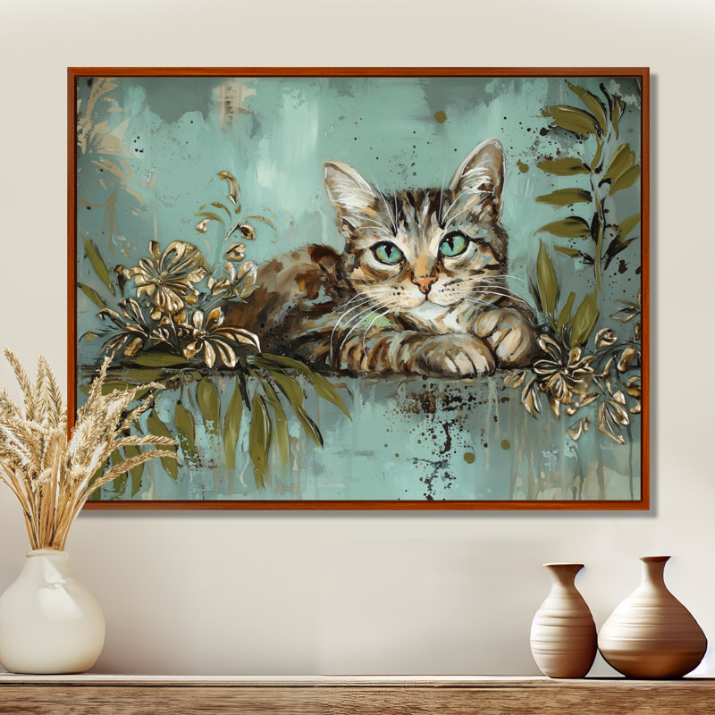 Chat rétro Playful Kitty I - impression murale, H 30 po x l 40 po, Impression dans un cadre flottant sans passe-parto, Brun