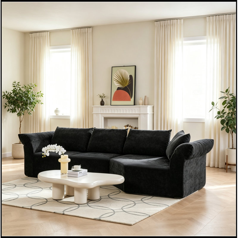 Canapé modulaire avec accoudoir droit, accoudoirs larges et coussins décoratifs, Noir