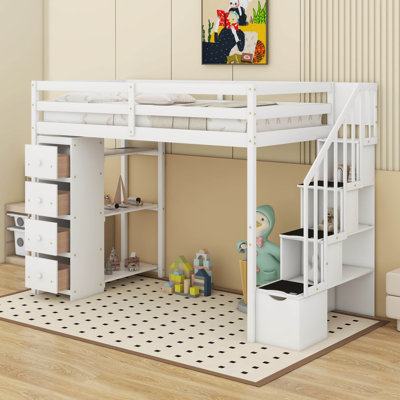 Lit mezzanine simple avec tiroirs de rangement, tablettes et escaliers