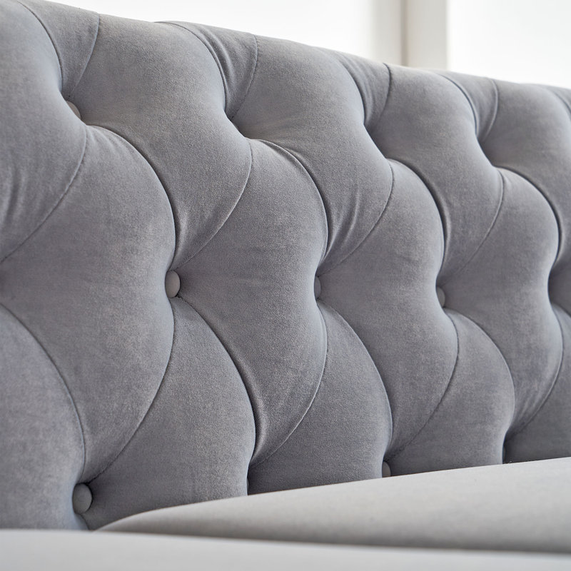 Gevon Velvet Roll Arm Sofa, Chesterfield Sofa for Living Room Upholstered with Smooth,Breathable Fabric, Light Gray