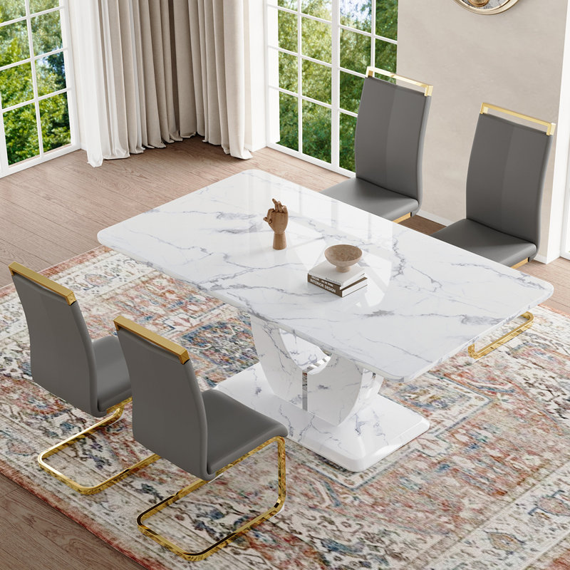Ensemble de table de salle à manger, Gris/doré, Marbre blanc, 5 pièces