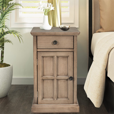 Mallak Multifunctional Farmhouse End Table with USB Ports and 1 Drawer with Cup Holders, Nightstand
