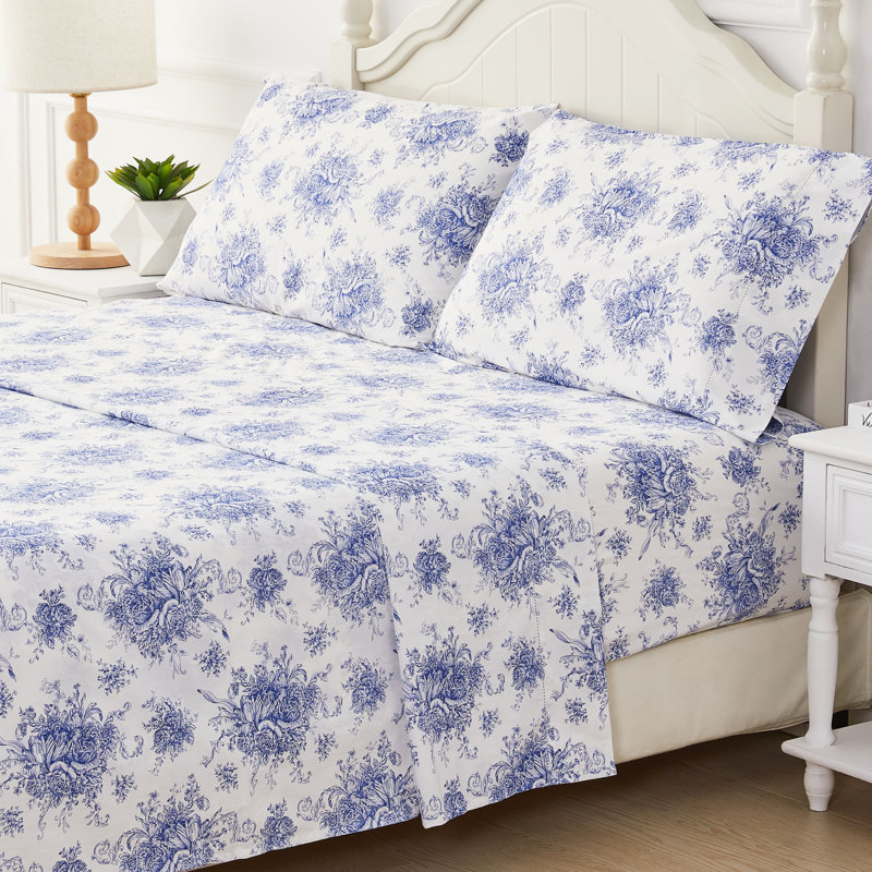 Petit Toile Printed Cotton Percale Sheet Set, Full Sheet Set with 2 Standard Pillowcases, Navy