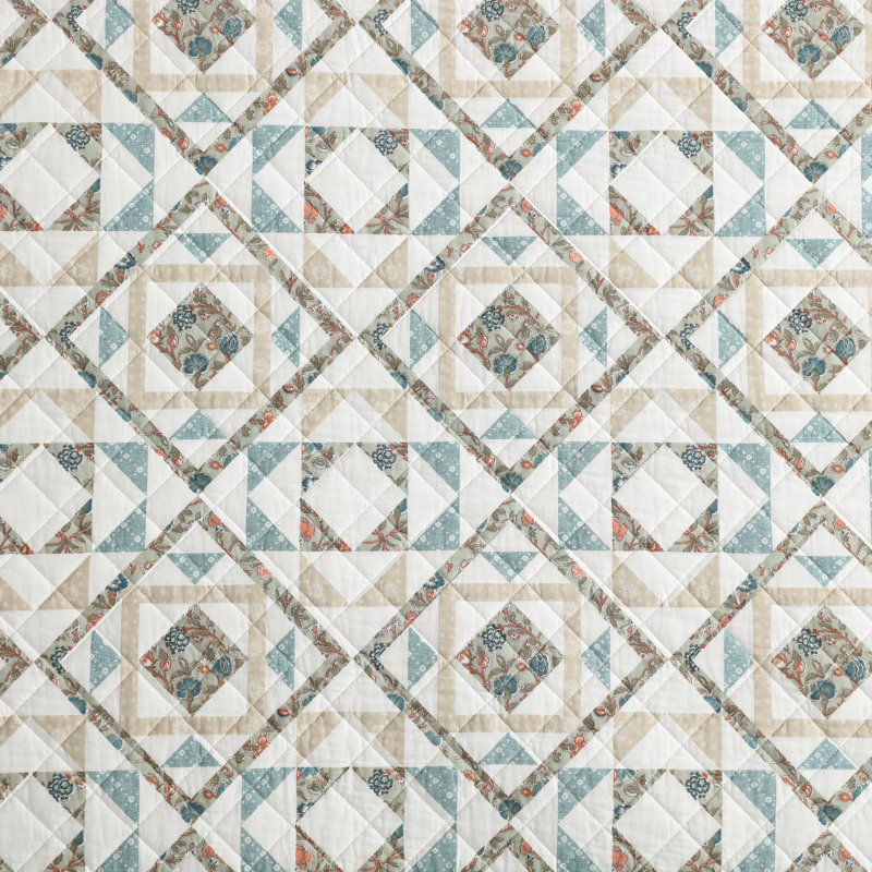 Annie Blue and Beige Cotton Twin Reversible Quilt Set