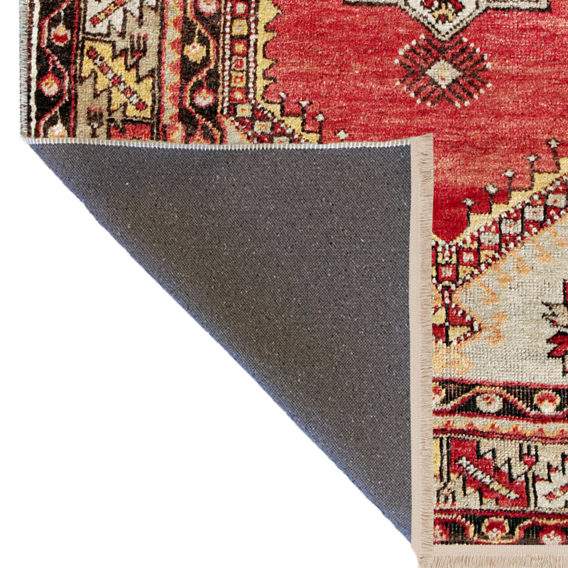 Tapis décoratif rétro à motif traditionnel beige et rouge, Rectangle 5 pi 1,02 po x 7 pi 6,55 po