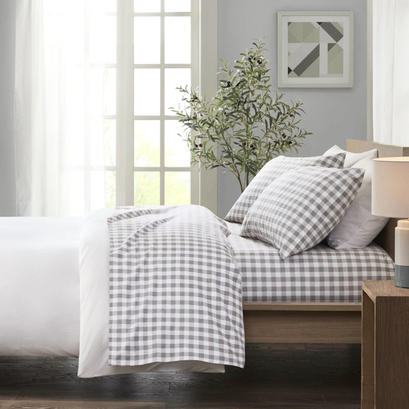 Grand drap imprimé 100% flanelle de coton 4 pièces à carreaux gris à chevrons et douillettes 2 taies d'oreiller douces et lavables à la machine
