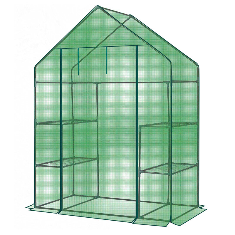 Metal-Framed PE-Covered Mini Walk-In Greenhouse With 4 Shelves, 28.74", White