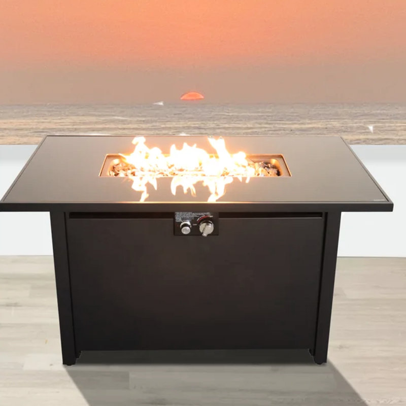 25" H 42" W Steel Outdoor Fire Pit Table With Lid - Stylish Deck Heating Table, Rust- Steel, Stainless Surface, Included Lava Rocks, Side Door For Gasoline, Ignition Control, Protective Cover, Black